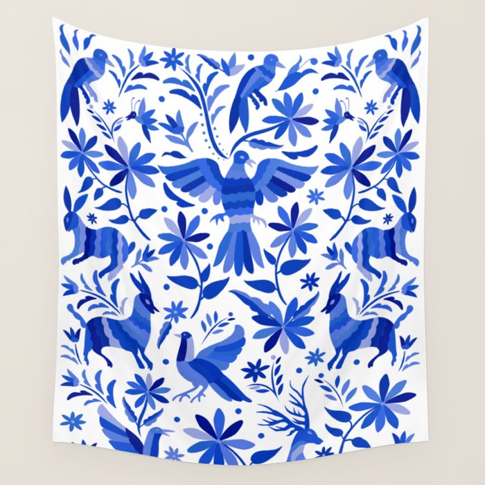 Mexican Otomí Design in Deep Blue by Akbaly Wall Tapestry Gallery Image 1