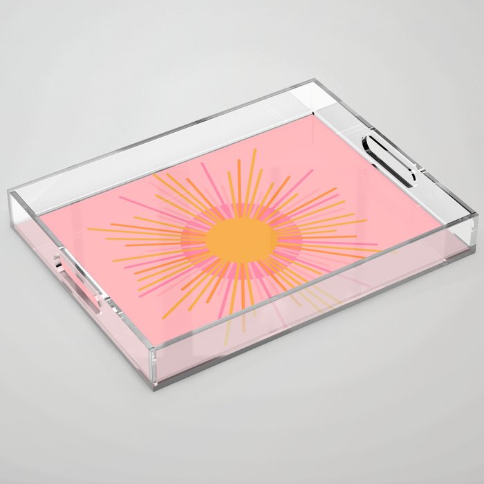 Mid Century Modern Minimalist Sunburst Retro Sun Pink Orange Mustard Yellow Acrylic Tray Gallery Image 1