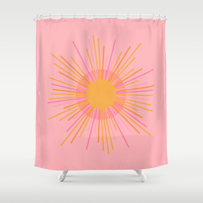 Mid Century Modern Minimalist Sunburst Retro Sun Pink Orange Mustard Yellow Shower Curtain Gallery Image 1