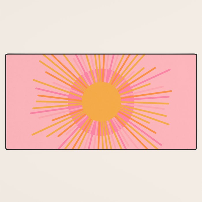 Mid Century Modern Minimalist Sunburst Retro Sun Pink Orange Mustard Yellow Desk Mat Gallery Image 3