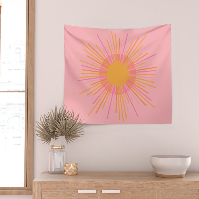 Mid Century Modern Minimalist Sunburst Retro Sun Pink Orange Mustard Yellow Wall Tapestry Gallery Image 2