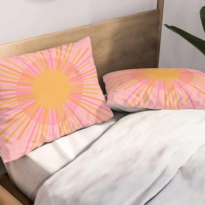 Mid Century Modern Minimalist Sunburst Retro Sun Pink Orange Mustard Yellow Pillow Sham Gallery Image 2