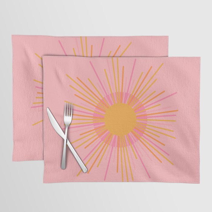 Mid Century Modern Minimalist Sunburst Retro Sun Pink Orange Mustard Yellow Placemat Gallery Image 1