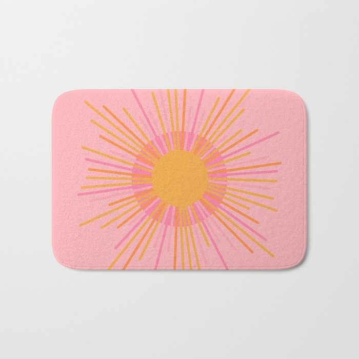 Mid Century Modern Minimalist Sunburst Retro Sun Pink Orange Mustard Yellow Bath Mat Gallery Image 1