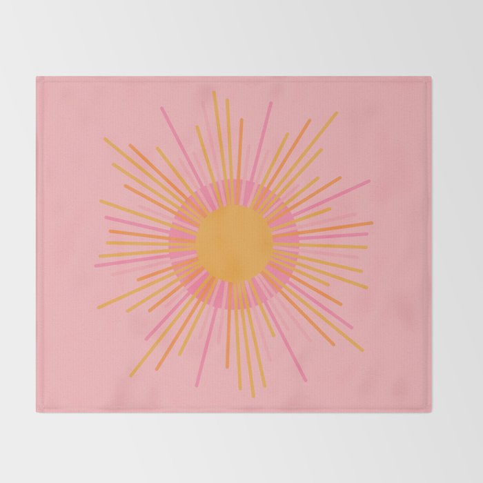 Mid Century Modern Minimalist Sunburst Retro Sun Pink Orange Mustard Yellow Throw Blanket Gallery Image 2