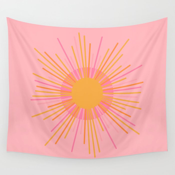 Mid Century Modern Minimalist Sunburst Retro Sun Pink Orange Mustard Yellow Wall Tapestry Gallery Image 4