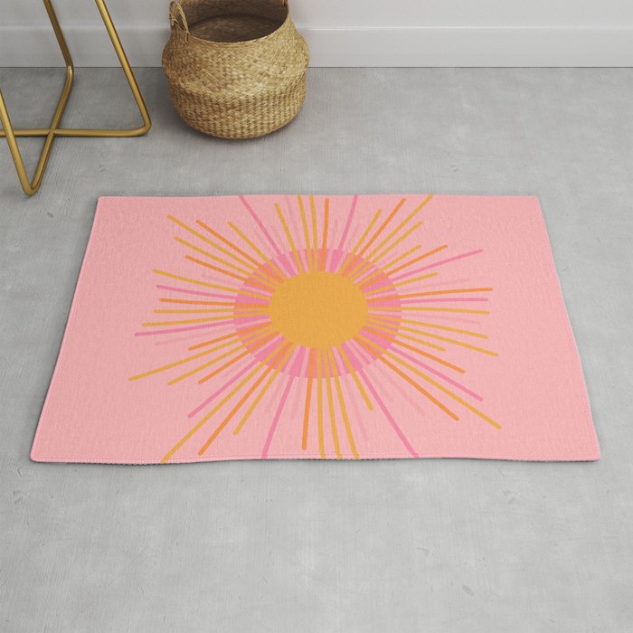 Mid Century Modern Minimalist Sunburst Retro Sun Pink Orange Mustard Yellow Rug Gallery Image 1