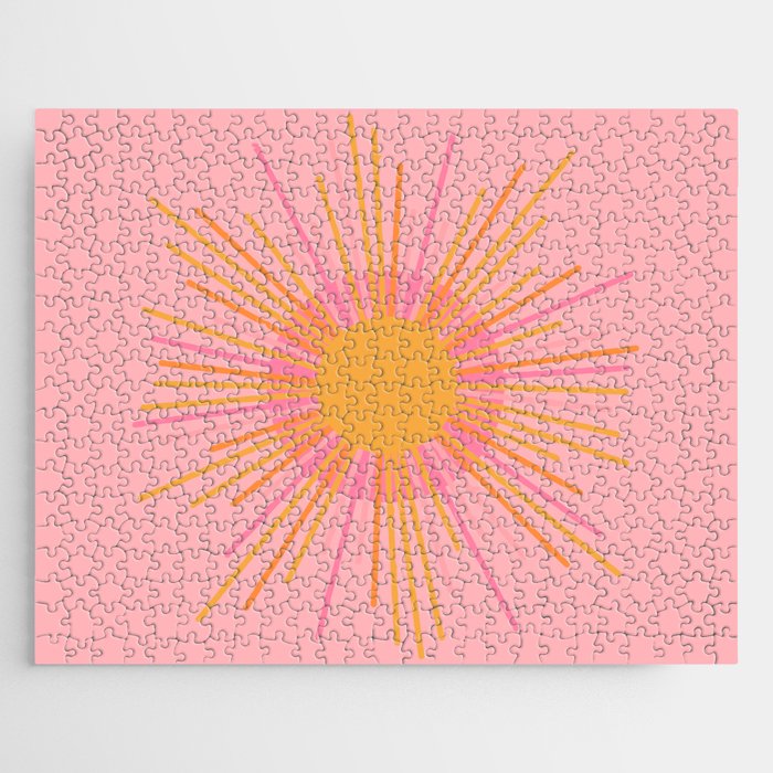 Mid Century Modern Minimalist Sunburst Retro Sun Pink Orange Mustard Yellow Jigsaw Puzzle Gallery Image 1