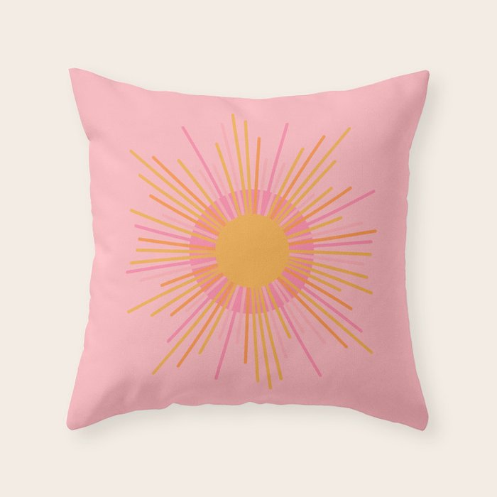 Mid Century Modern Minimalist Sunburst Retro Sun Pink Orange Mustard Yellow Throw Pillow Gallery Image 1