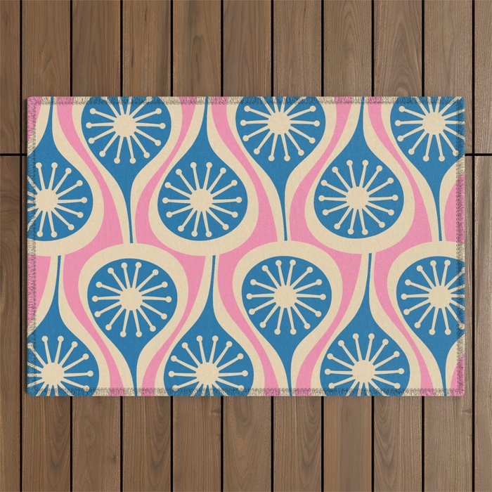 Mid Century Modern Atomic Drops Retro Pattern in Pink and Blue Outdoor Rug Gallery Image 1