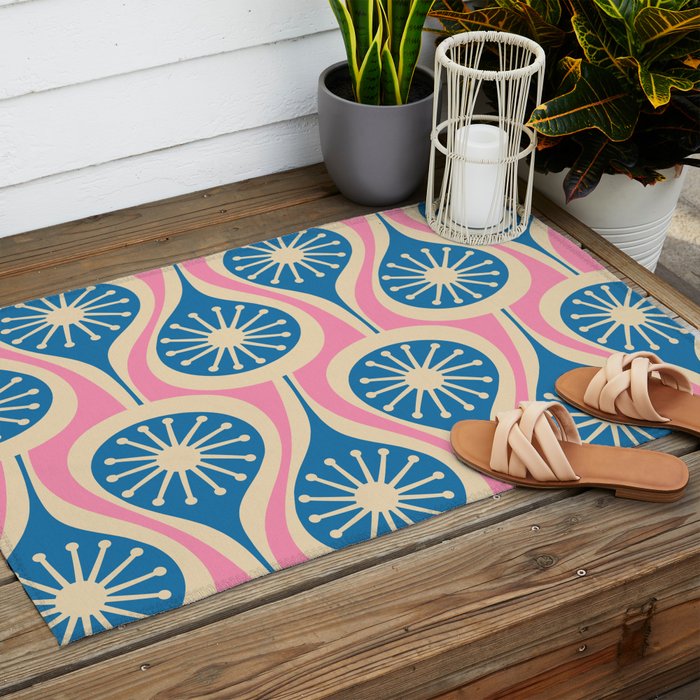 Mid Century Modern Atomic Drops Retro Pattern in Pink and Blue Outdoor Rug Gallery Image 2
