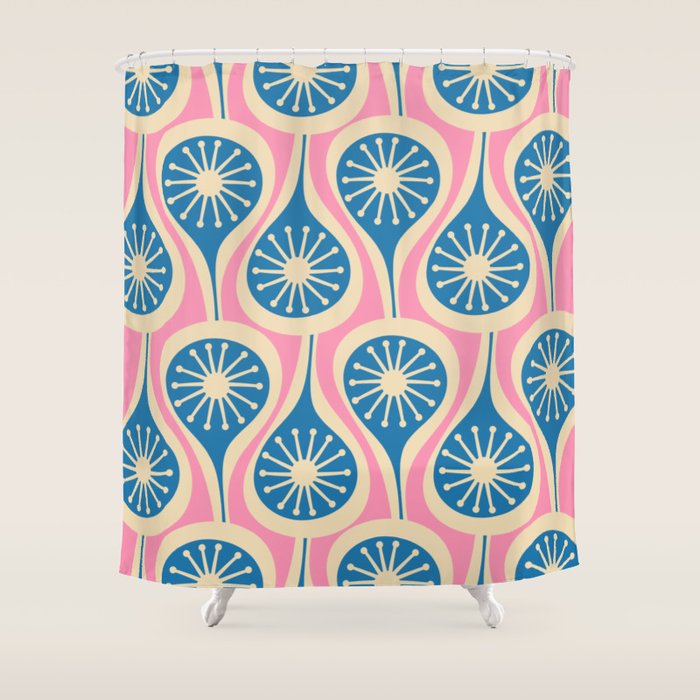 Mid Century Modern Atomic Drops Retro Pattern in Pink and Blue Shower Curtain Gallery Image 1