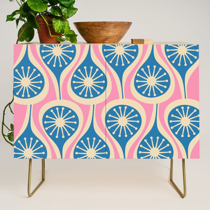 Mid Century Modern Atomic Drops Retro Pattern in Pink and Blue Credenza Gallery Image 1