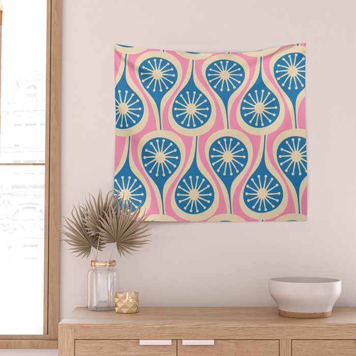 Mid Century Modern Atomic Drops Retro Pattern in Pink and Blue Wall Tapestry Gallery Image 2