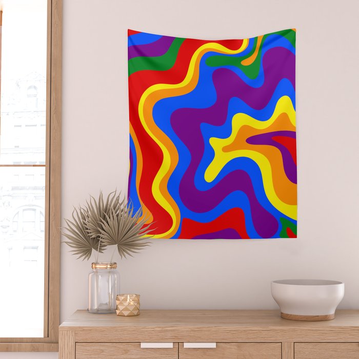 Rainbow Pride Colorful Retro Liquid Swirl Abstract Pattern Wall Tapestry Gallery Image 2