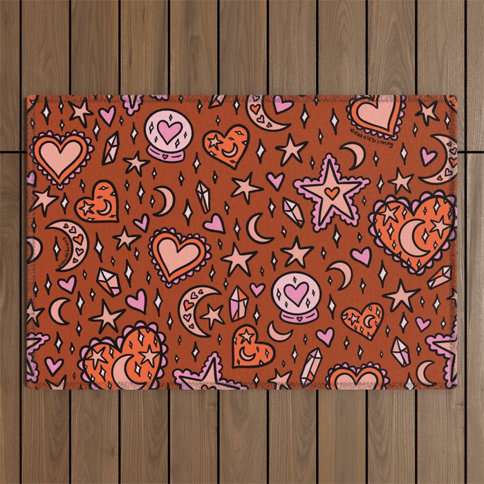 Love Witch Print in Red Outdoor Rug Gallery Image 1