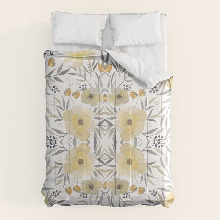 Modern, Floral Prints, Yellow, Gray and White Comforter Gallery Image 1