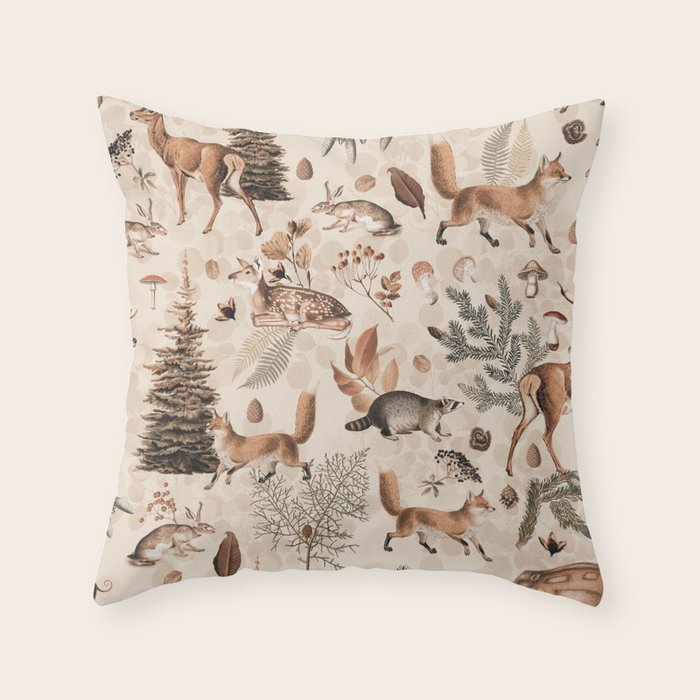Fall Forest Impression  Wild Animals In Earth Colors Throw Pillow Gallery Image 6