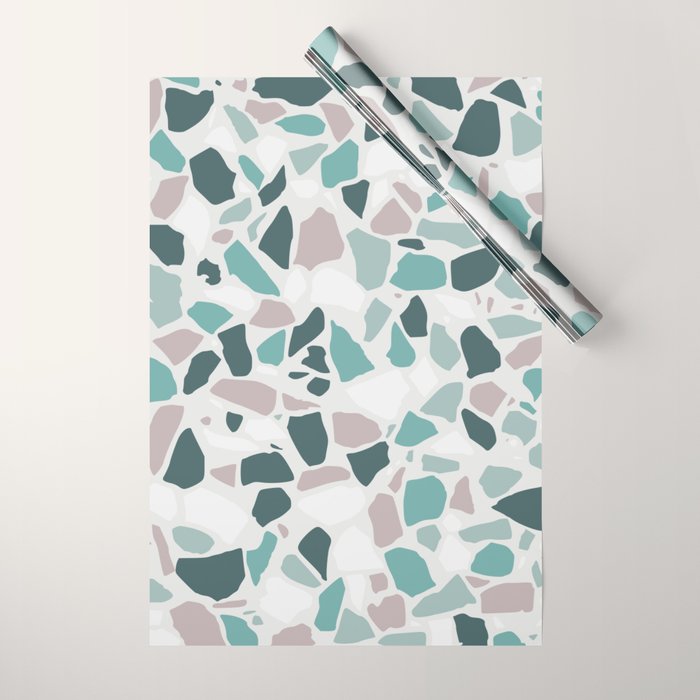 Festive, Terrazzo Mosaic Pattern, Teal, Green, Sage, Dusky Pink Wrapping Paper Gallery Image 1