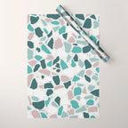 Festive, Terrazzo Mosaic Pattern, Teal, Green, Sage, Dusky Pink Wrapping Paper Gallery Image 1
