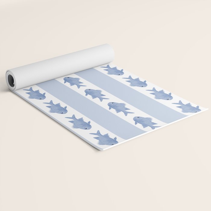Coastal Fish Stripes Vintage Contemporary Pattern in Light Blue and White Yoga Mat Gallery Image 2