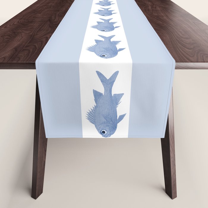 Coastal Fish Stripes Vintage Contemporary Pattern in Light Blue and White Table Runner Gallery Image 1