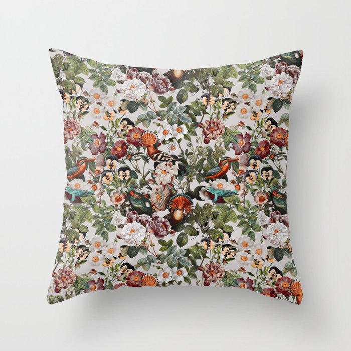 Floral Symphony with Birds Throw Pillow Gallery Image 1
