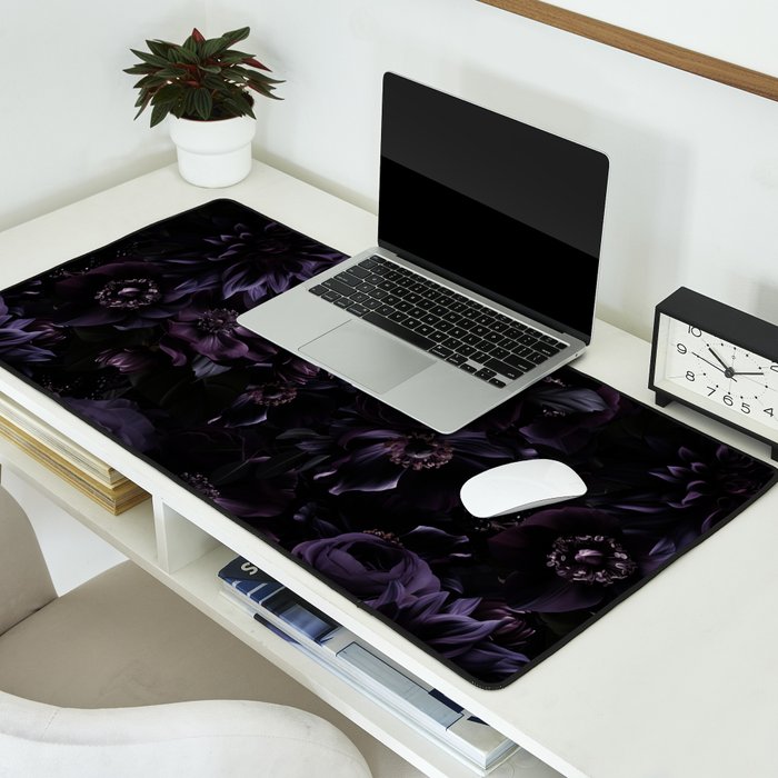 Vintage Black Dramatic Glamour Autumn Romanticism: Maximalism Moody Florals - Grand Millennial Midnight purple Roses Black Bouquets and Nostalgic Gothic Mystic Flowers Desk Mat Gallery Image 2