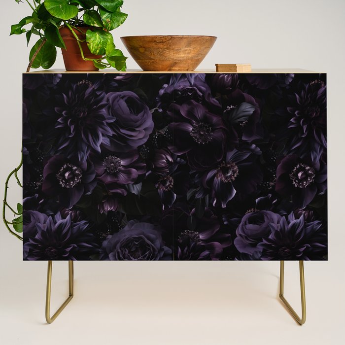 Vintage Black Dramatic Glamour Autumn Romanticism: Maximalism Moody Florals - Grand Millennial Midnight purple Roses Black Bouquets and Nostalgic Gothic Mystic Flowers Credenza Gallery Image 1