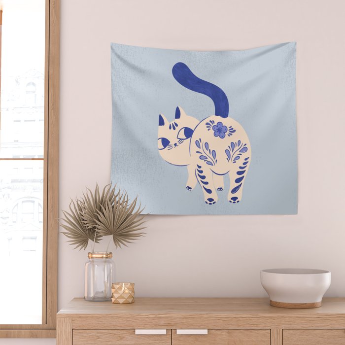 Purrcelin Cat - Pretty Delft Porcelain Kitty Wall Tapestry Gallery Image 2