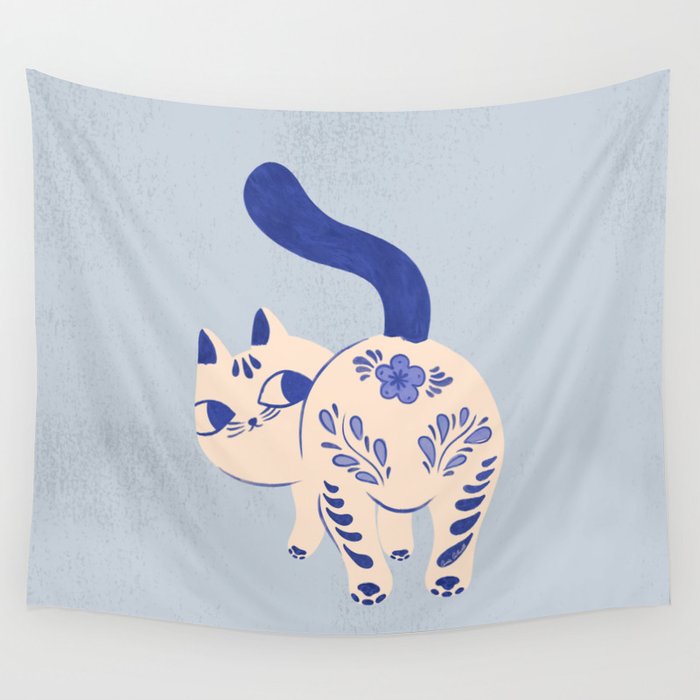 Purrcelin Cat - Pretty Delft Porcelain Kitty Wall Tapestry Gallery Image 1
