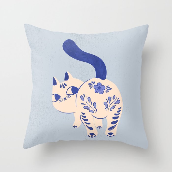 Purrcelin Cat - Pretty Delft Porcelain Kitty Throw Pillow Gallery Image 1