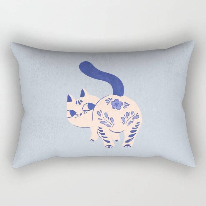 Purrcelin Cat - Pretty Delft Porcelain Kitty Rectangular Pillow Gallery Image 1