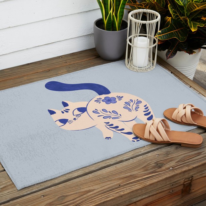 Purrcelin Cat - Pretty Delft Porcelain Kitty Outdoor Rug Gallery Image 2