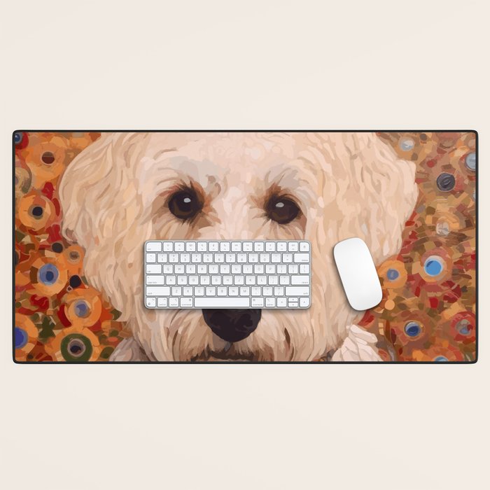 White Klimt Dog with Curly Hair Desk Mat Gallery Image 1