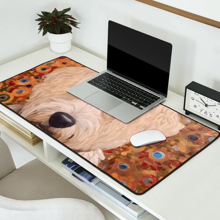 White Klimt Dog with Curly Hair Desk Mat Gallery Image 2