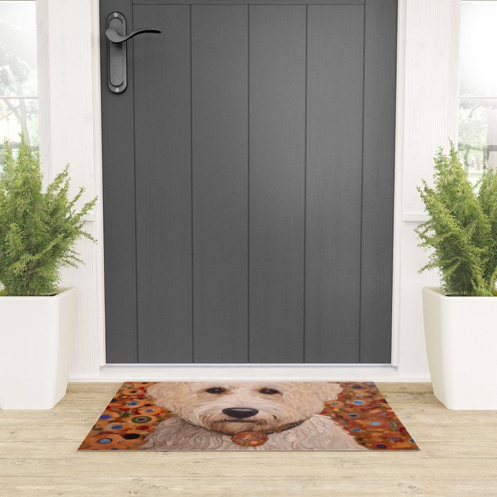 White Klimt Dog with Curly Hair Welcome Mat Gallery Image 3