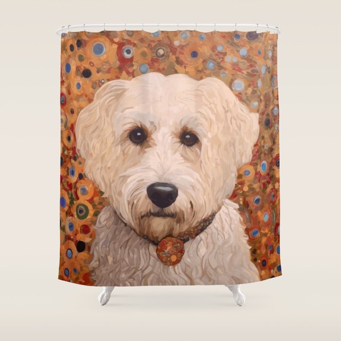 White Klimt Dog with Curly Hair Shower Curtain Gallery Image 1