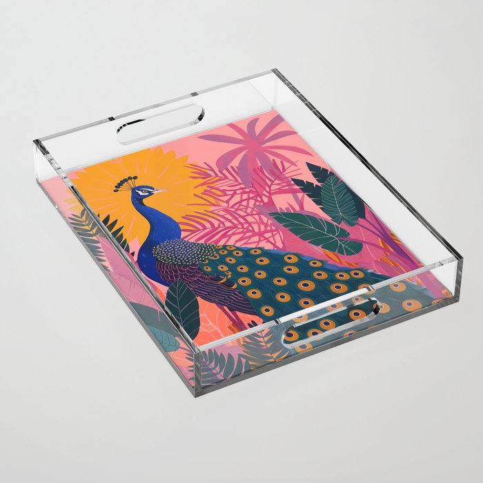 Tropical Peacock Among Pink Blossoms Acrylic Tray Gallery Image 1