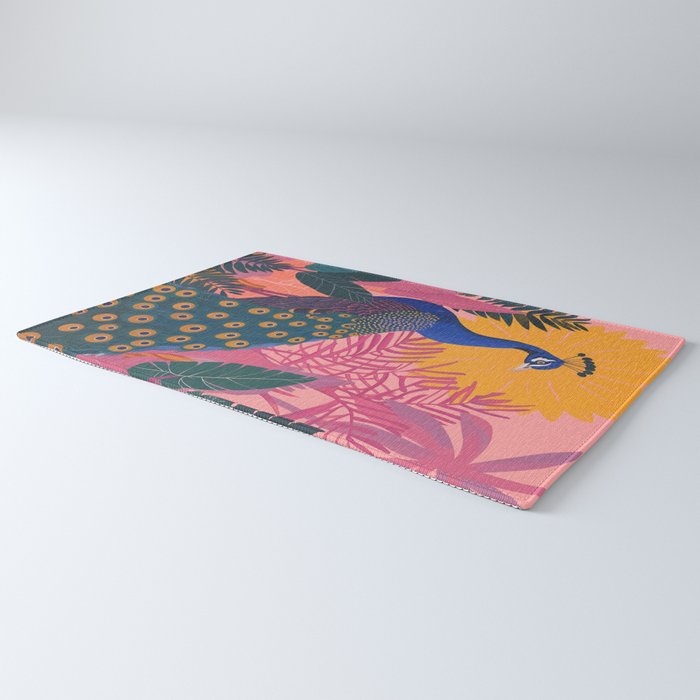 Tropical Peacock Among Pink Blossoms Rug Gallery Image 3