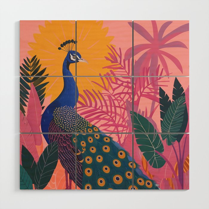 Tropical Peacock Among Pink Blossoms Wood Wall Art Gallery Image 1