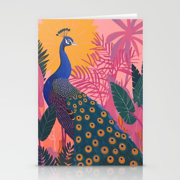 Tropical Peacock Among Pink Blossoms Stationery Card Gallery Image 2