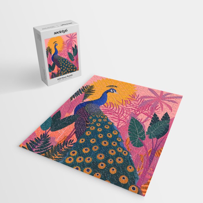 Tropical Peacock Among Pink Blossoms Jigsaw Puzzle Gallery Image 2
