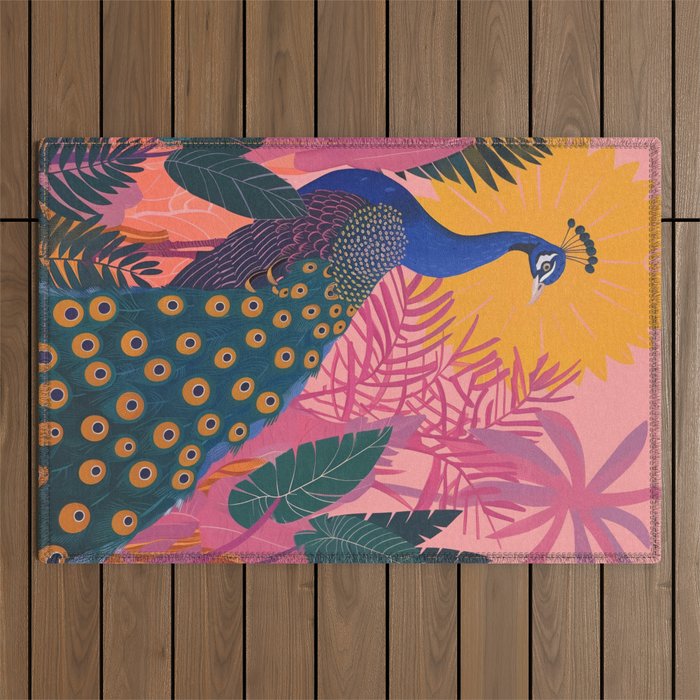 Tropical Peacock Among Pink Blossoms Outdoor Rug