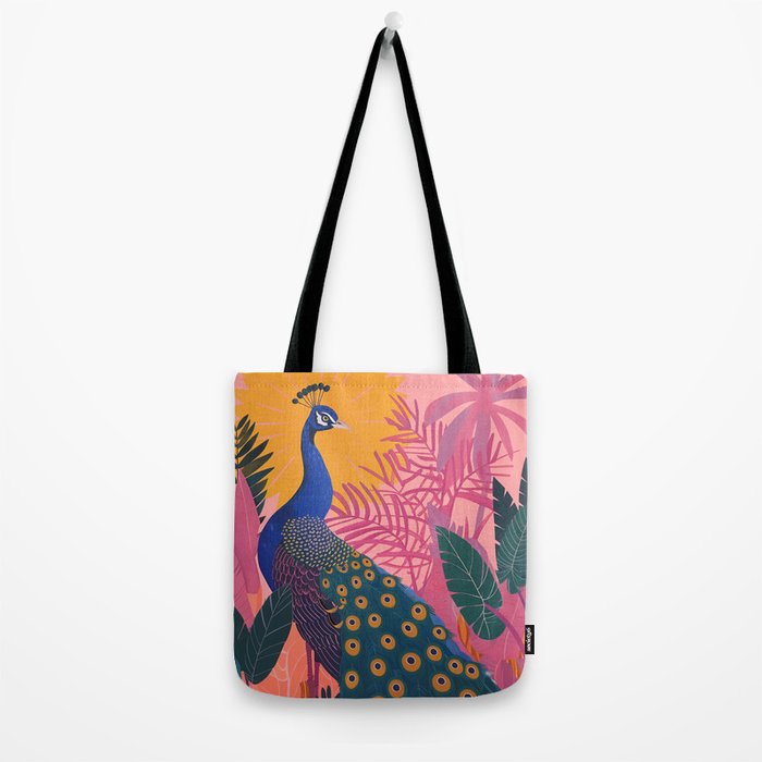 Tropical Peacock Among Pink Blossoms Tote Bag Gallery Image 2