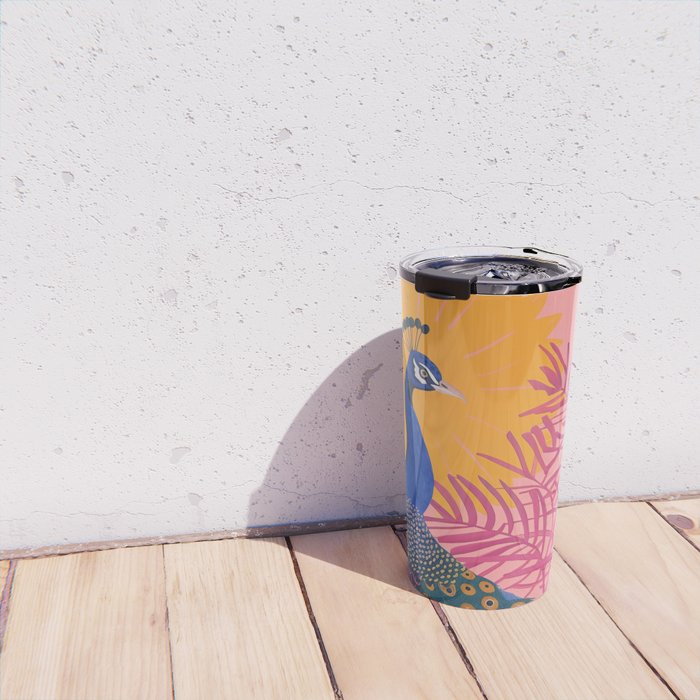 Tropical Peacock Among Pink Blossoms Travel Mug Gallery Image 4
