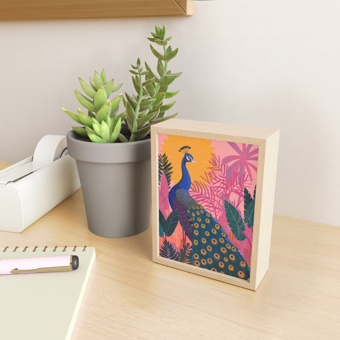 Tropical Peacock Among Pink Blossoms Mini Art Print Gallery Image 2