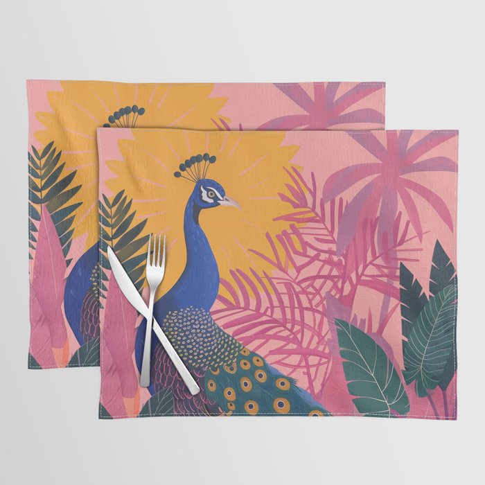 Tropical Peacock Among Pink Blossoms Placemat Gallery Image 1