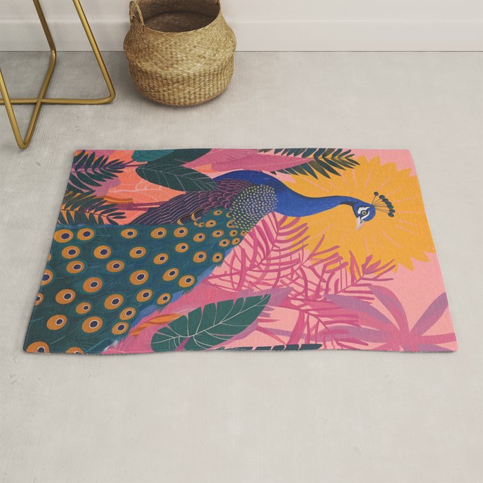 Tropical Peacock Among Pink Blossoms Rug Gallery Image 1