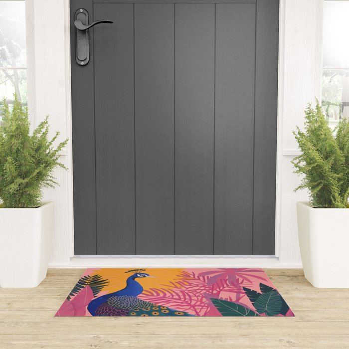 Tropical Peacock Among Pink Blossoms Welcome Mat Gallery Image 3